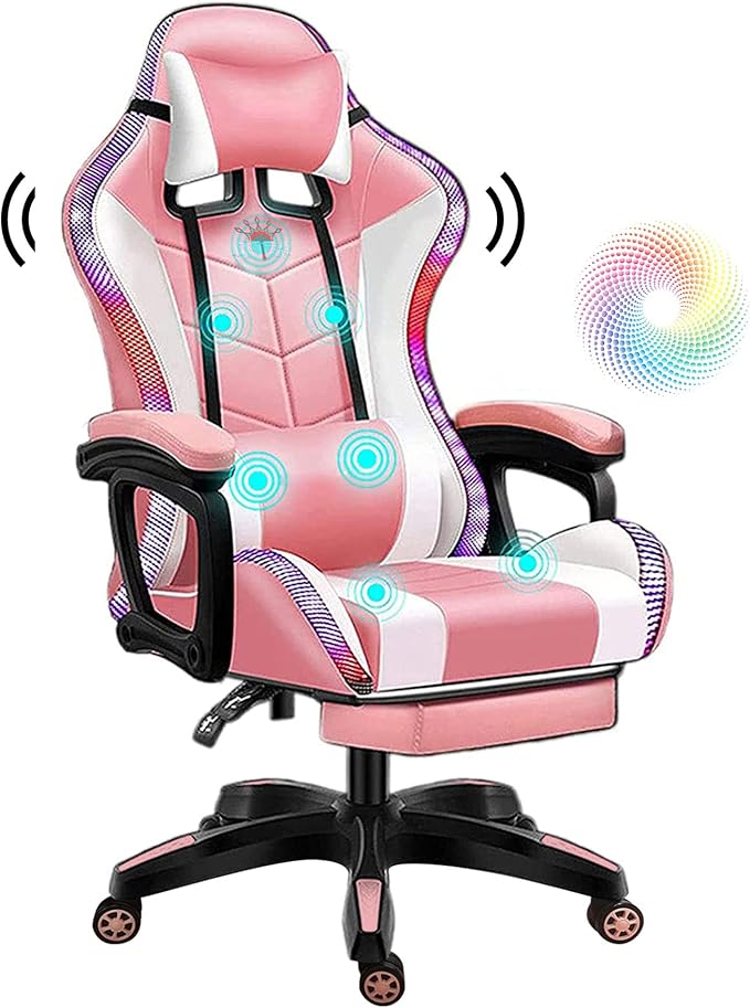 Gaming Chair with LED LightHigh Back Office Chair with SpeakersSeven Point Massage Computer Chair Ergonomic Racing ChairPU Leather Recliner with Lumbar Support Headrest Armrest and Foo