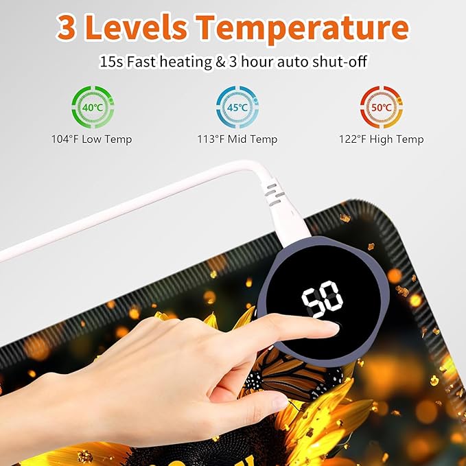 Heated Mouse PadWarm Desk Pad with 3 Levels Heating &amp 3 Hours Auto Shut-Off PU Leather Heated Desk Pad Warmer Pad for Home Office - 23.6 x 14.2 inchLuminous Sunflower Butterfly