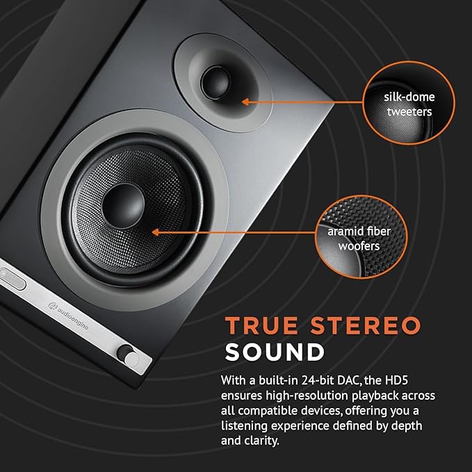 Audioengine HD5 Premium Powered Speakers | 150W Audiophile-Grade Bluetooth 5.0 with aptX HD | Built-in 24-Bit DAC | Real Wood Veneer | Bookshelf Speakers for Home Audio Studios &amp Vinyl