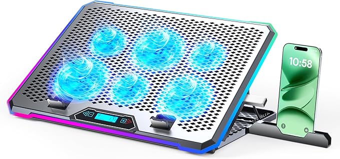 Aluminum Alloy RGB Gaming Laptop Cooler with 6 Fans and LCD Screen - 10 RGB Modes Memory Function 4 USB Ports 3.0 and 2.0 Hub 9 Height Adjustable for 10 to 21 Inch Laptops on Desk or Lap