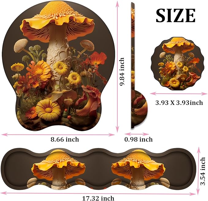 Mouse Wrist Rest and Keyboard Wrist Rest Pad+ Coaster Set Non-Slip Rubber Base Smooth Surface Ergonomic Gaming Mouse Pad for Easy Typing and Pain Relief Mushroom Sunflower