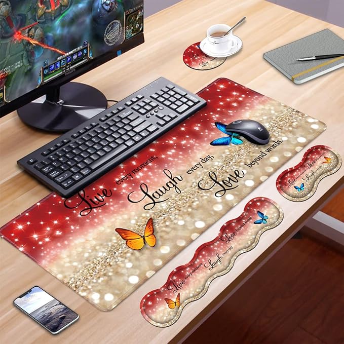Ergonomic Keyboard Wrist Rest &amp Mouse Pad Wrist Rest SetLarge XXL Gaming Desk Mat 31.5x 11.8Non-Slip Base Memory FoamEasy Typing Pain Relief for Office &amp HomeRed Glitter Quote Live Laug