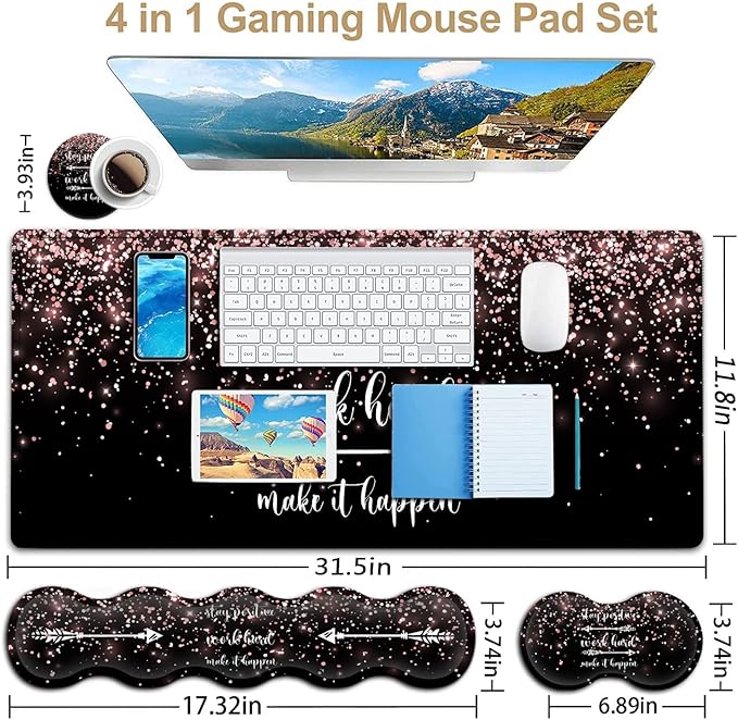 Large Gaming Mouse Pad Memory Foam Keyboard Wrist RestExtended Office Desk MatOffice Desk Pad with Stitched EdgesLaptop Desk Table Protector Rose Gold Glitter Inspirational Quotes Black Writing Mat