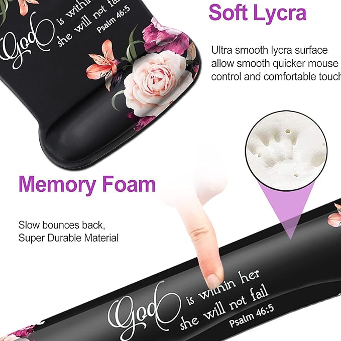 Keyboard Wrist Rest Pad and Ergonomic Mouse Pad Wrist Support Set Psalm 46:5 God is Within Her She Will Not Fall Peony Flower for Gaming  Office Comfortable and Pain Relief with Coaster Set