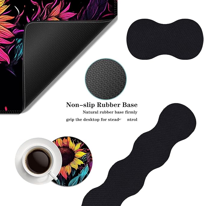 Mouse PadLarge Desk Mat Set 4in1 XL Mousepad + Keyboard Wrist Rest+Mouse Wrist Rest+Coaster with Ergonomic Desk Pad for Home Office Table Computer Cover -Neon Colorful Sunflowers