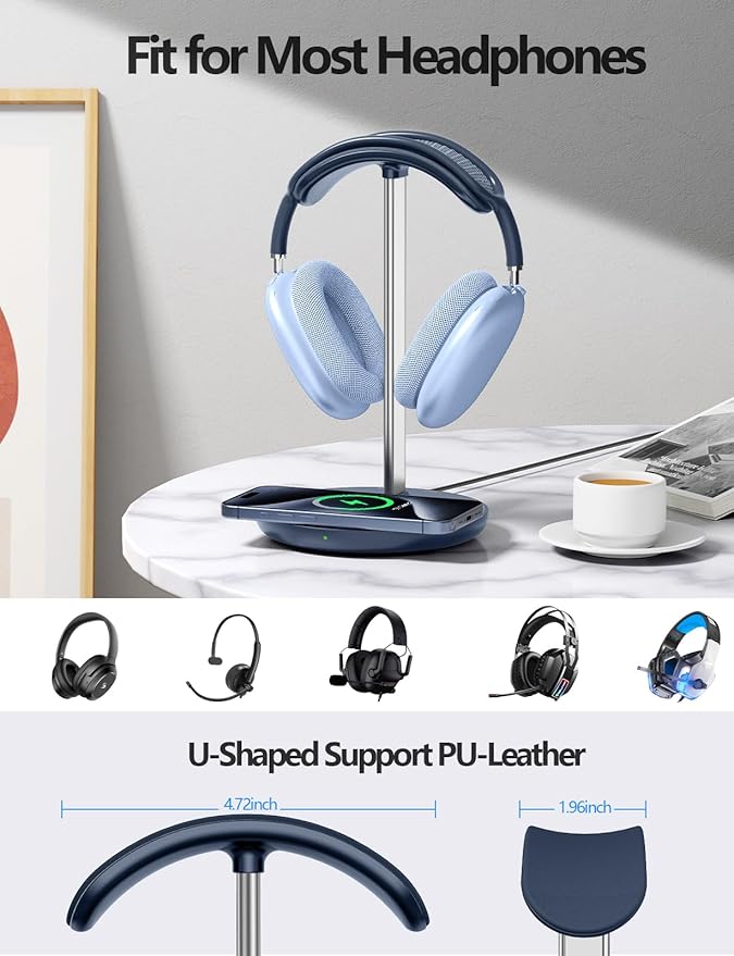Miroddi Headphone Stand with Wireless Charger Independent USB Charging Port 5 in 1 Charging Station Headset Holder Rack for iWatch iPhone Samsung and Desk All Headphones Dark Blue