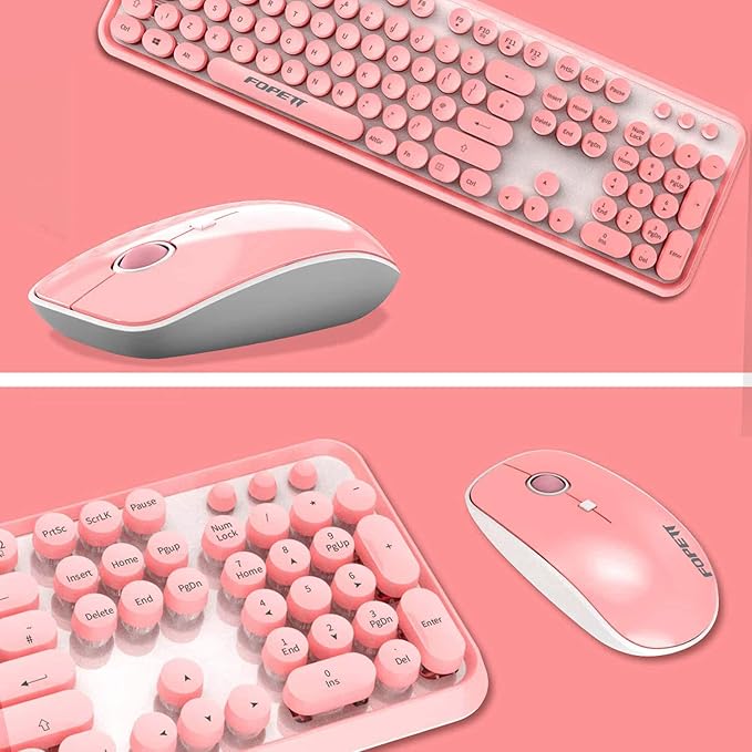 FOPETT Wireless Keyboard and Mouse Combo 104 Keys Full-Sized 2.4 GHz Round Keycap Colorful Keyboards USB Receiver Plug and Play for Windows Mac PC Laptop Desktop (Pink)