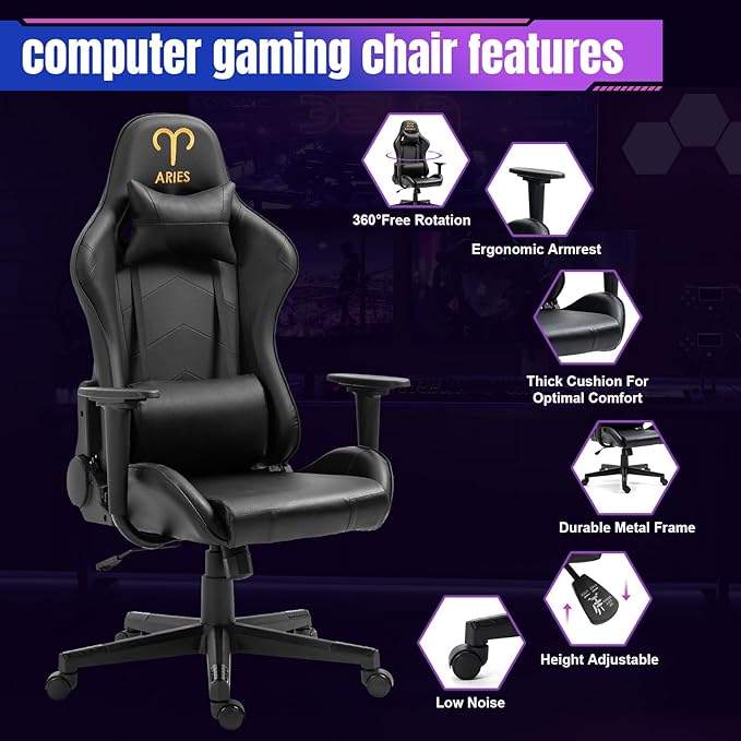 DIKEP Gaming Chair Computer Office High Back Leather Gamer Chair Ergonomic Adjustable Racing Chair with Headrest and Lumbar SupportBlack