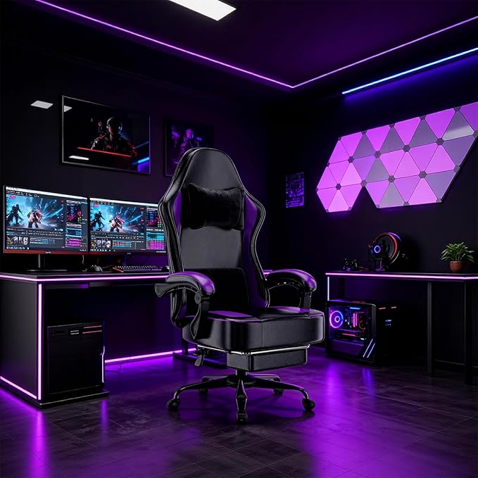 Gaming Chair with Pocket Spring Cushion and Footrest Ergonomic Computer Chair for Adults Breathable PU Leather Game Chair