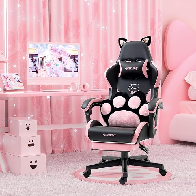 Gaming Chair Cute Cat Computer Chair with Footrest and Headrest Ergonomic Gaming Office Desk Chair with Lumbar Cushion Height Adjustable 360° Swivel Recling Chairs for Women Men