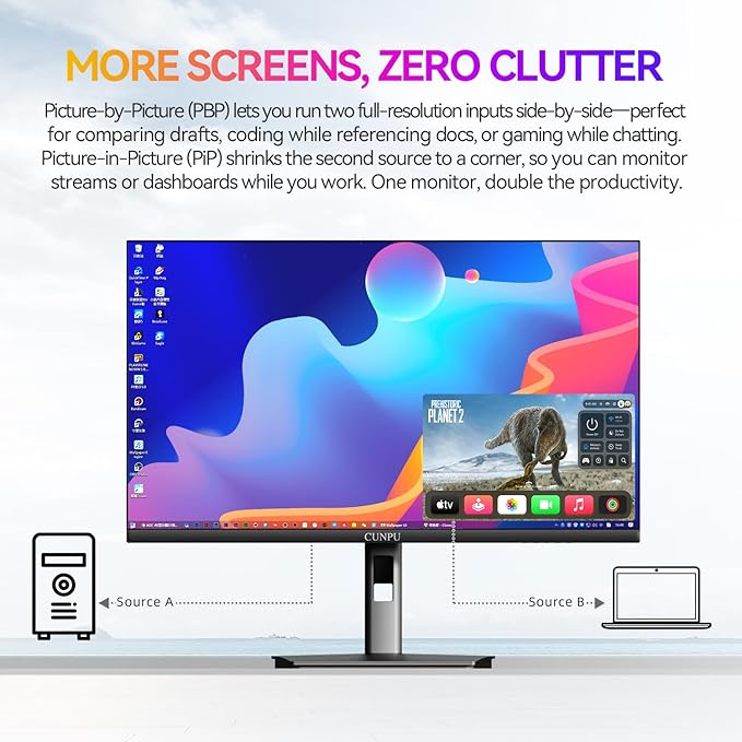 27 Inch 4K 70Hz Monitor UHD (3840 * 2160) IPS Ultra-Slim Bezel Monitor for Photo Video Editing ΔE &lt 2 100% DCI-P3 1.07B+ Colors PIP-PBP Adaptive Sync DP/HDMI Black