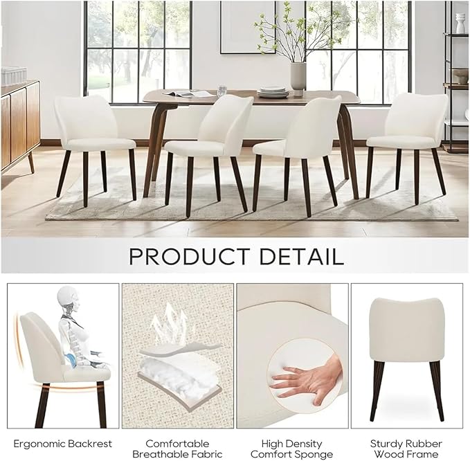 Adjustable Office Computer Chair with Armrest 2pcs Beige Fabric Dining Chairs with Padded Seat and Wood Legs for Restaurant Cafe