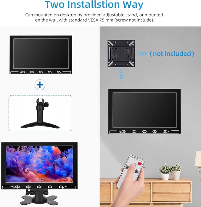 10.1 Inch Small Monitor Raspberry Pi Screen Built-in Speakers Mini Display 1024 x 600 60 Hz 5ms IPS Screen Display w/Remote Control HDMI VGA AV BNC Input Computer Monitor