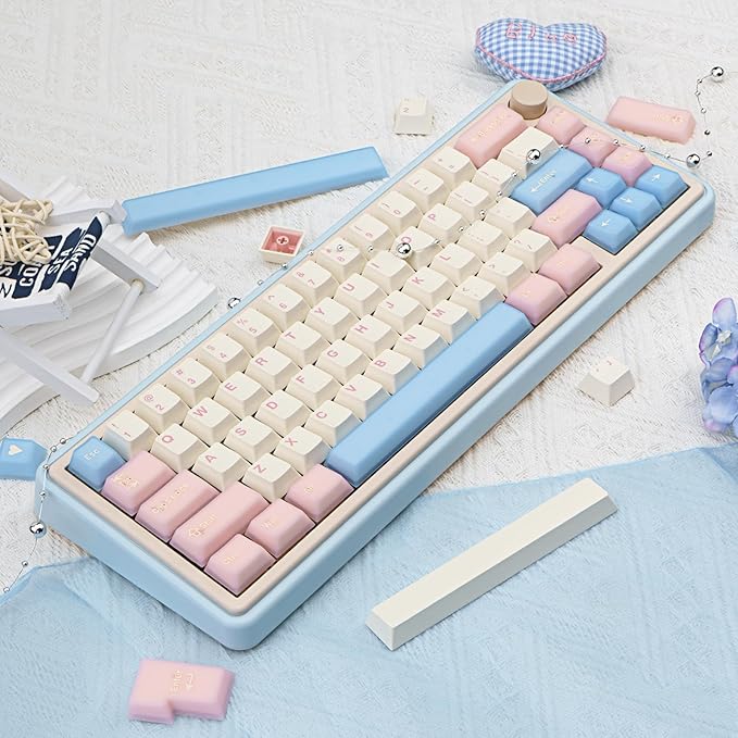 PBT Keycaps Cute Custom Keyboard Pink Keycaps 60 75 100% Double Shot 164 Keys Transparent Set for Cherry Gateron MX Switches Pink White Blue