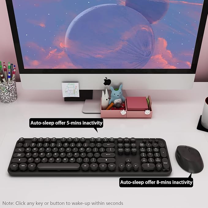 Wireless Keyboard and Mouse Combo Cute Full Size 104-Key Typewriter Retro Round Keycaps Keyboard for PC LaptopWindowsDesktopPerfer for Home and Office Keyboards (Black)
