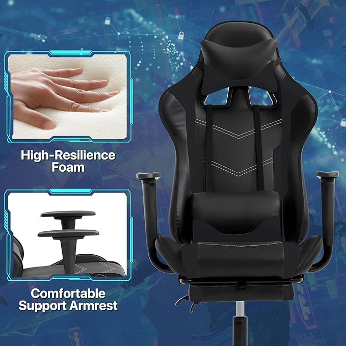 Gaming Chair Ergonomic Office Chairs PU Leather High-Back Computer Chair with Footstool and Lumbar Support360°Swivel Game Chairs with Headrest for Office &amp GamingBlack (Black)