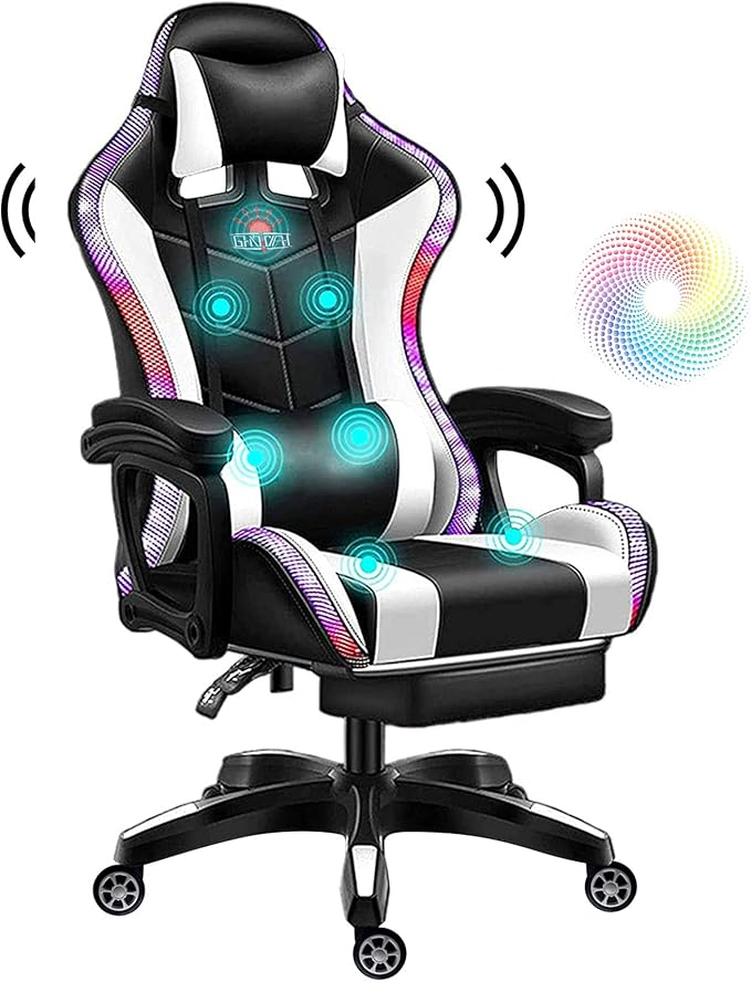 Gaming Chair with LED LightHigh Back Office Chair with SpeakersSeven Point Massage Computer Chair Ergonomic Racing ChairPU Leather Recliner with Lumbar Support Headrest Armrest and Foo