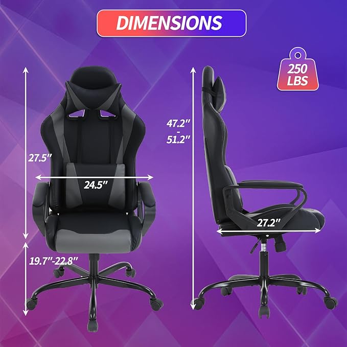 Gaming Chair High-Back Office Chair Ergonomic Video Game Chairs Height Adjustable Reclining Computer Chair with Lumbar Support Armrest Headrest Swivel Chair Game Chair for Adult Teen - Grey
