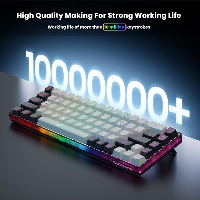 65% Wireless Gaming Keyboard: LED Backlit 68 Keys Ultra-Compact Anti-ghosting No-Conflict Wireless Keyboard for PC Laptop Windows Gamer(White-Black)