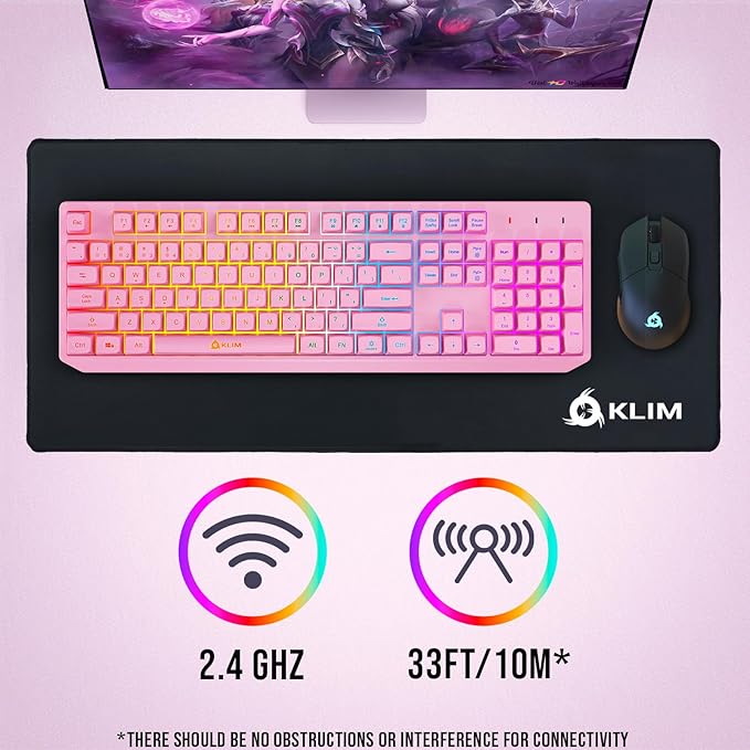 KLIM Chroma Pink Wireless Keyboard – RGB Backlit Rechargeable Battery Wireless Keyboard with Water-Resistant Durable Design Compatible with PC Mac PS4 PS5