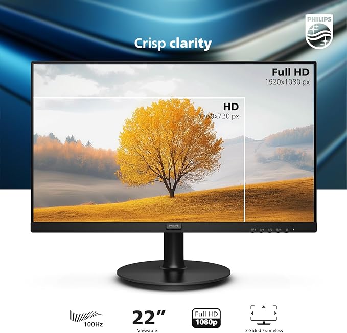 Philips 221V8LB 22 inch Class Thin Full HD (1920 x 1080) Monitor 100Hz Refresh Rate VESA HDMI x1 VGA x1 LowBlue Mode Adaptive Sync 4 Year Advance Replacement Warranty