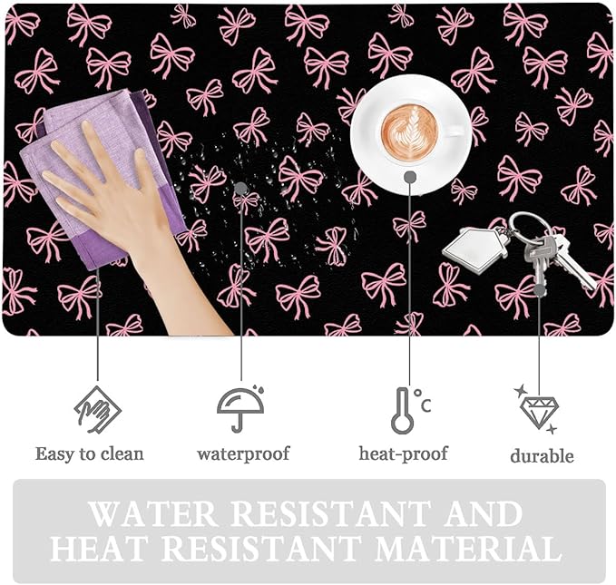 Cute Pink Bow Black Extended Gaming Keyboard Mouse Pad Non-Slip Leather Home Office Desk Mat Protector Laptop Desk Pad Writing Pad