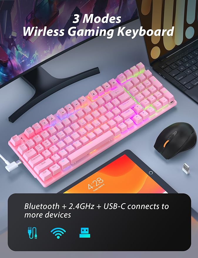 Wireless Mechanical Gaming Keyboard and Mouse Combo 98 Keys RGB Backlit Rechargeable 2000mAh Battery 3-Mode BT5.0/2.4G/USB-C (Pink)