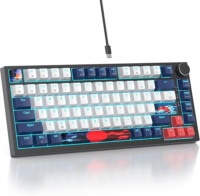 75% TKL Wired Mechanical KeyboardRGB Backlit Gasket Mount 82 Key Hot Swappable Custom Linear Red Switch Gaming Keyboard with Volume Knob &amp PBT Keycaps (82 White Earth)