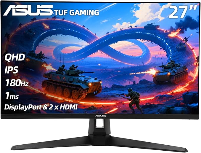 ASUS TUF Gaming 27 2K HDR Monitor - QHD (2560 x 1440) 180Hz 1ms Fast IPS 130% sRGB ELMB Speakers Freesync Premium G-SYNC Compatible DisplayPort &amp 2 x HDMI Tilt/Swivel VESA Black