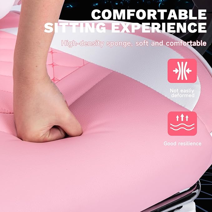 Gaming Chair with Massage Lumbar Support and Retractable Footrest Racing Style Ergonomic Design Features Adjustable Headrest and High Back Support for Extended Gaming Sessions (Pink)