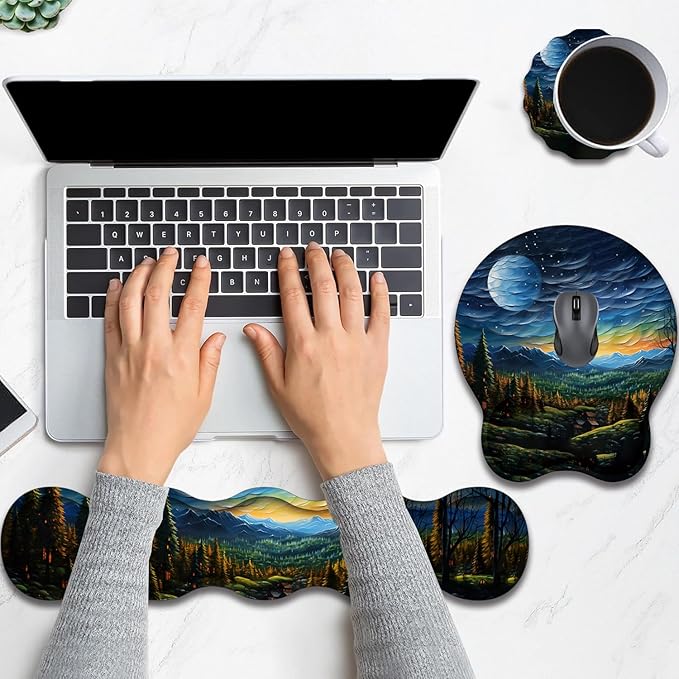 Keyboard Wrist Rest and Mouse Pad Wrist Support with Lace-Shaped Coaster Set Ergonomic Gel Memory Foam and Anti-Slip Base Easy Typing and Pain Relief - Art Moon Starry Night