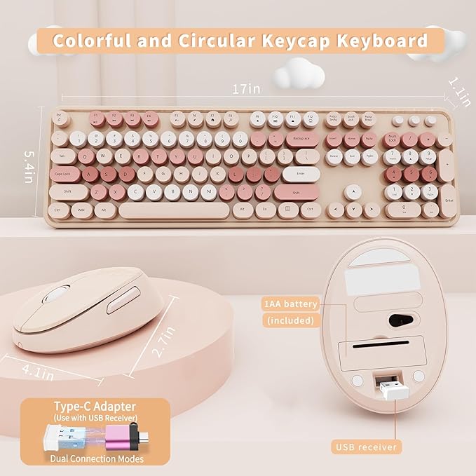 Wireless Keyboard and Mouse Combo Ergonomic Full Size Typewriter Retro Round Keycaps Keyboard Compatible with Windows PC Perfer for Home and Office Keyboards (Chocolate Color)