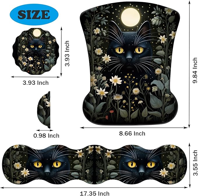 Ergonomic Keyboard Wrist Support Pad and Wrist Support Mouse Pad Anti-Slip with Gel Memory Mouse Pad Set Suitable for Office Use/Home Use - Cat Moon