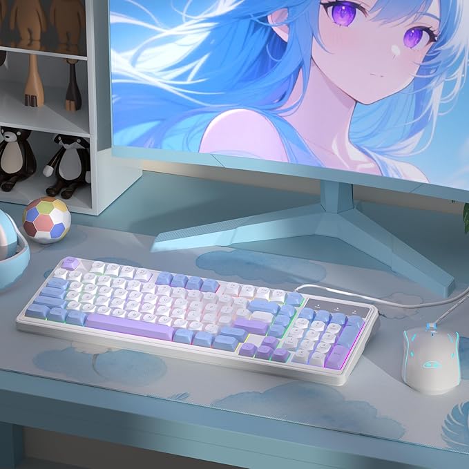 Wire Gaming KeyboardCreamy Keyboard and Mouse Combo 7 Colorful Rainbow Backlight Classic Gaming Keyboard (White &amp Blue &amp Purple)