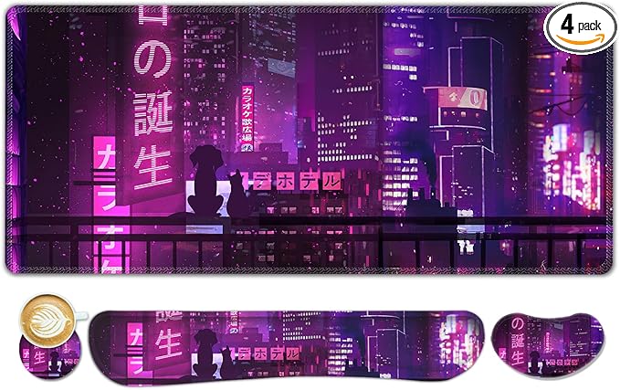ToLuLu Extended Gaming Mouse Pad Memory Foam Ergonomic Keyboard Mouse Wrist Rest Support Set Large Desk Mat with Stitched Edges Non-Slip Base Mousepad for Home Office Neno City Anime Japanese