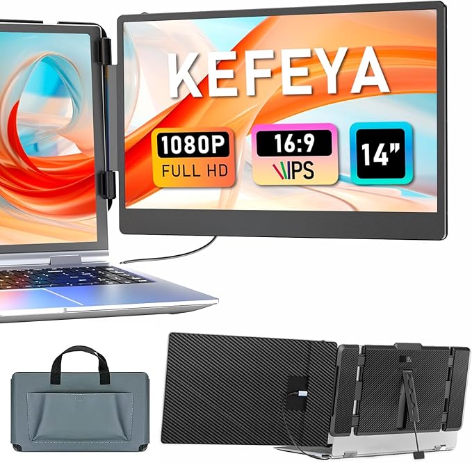 KEFEYA Laptop Screen Extender 14 Portable Monitor for Laptops 13-17 1080P FHD IPS Monitor Extender for Laptop with USB-C/HDMI Port Plug n Play for Windows/Chrome/Mac/Switch/PS5