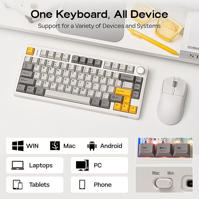EPOMAKER TH80 V2 75% Wireless Mechanical Keyboard with Metal Knob 8000mAh 2.4Ghz/BT/USB-C RGB Hot Swap Custom Driver PBT Keycap Wireless Gaming Keyboard for PC/Mac (White Sea Salt Silent)