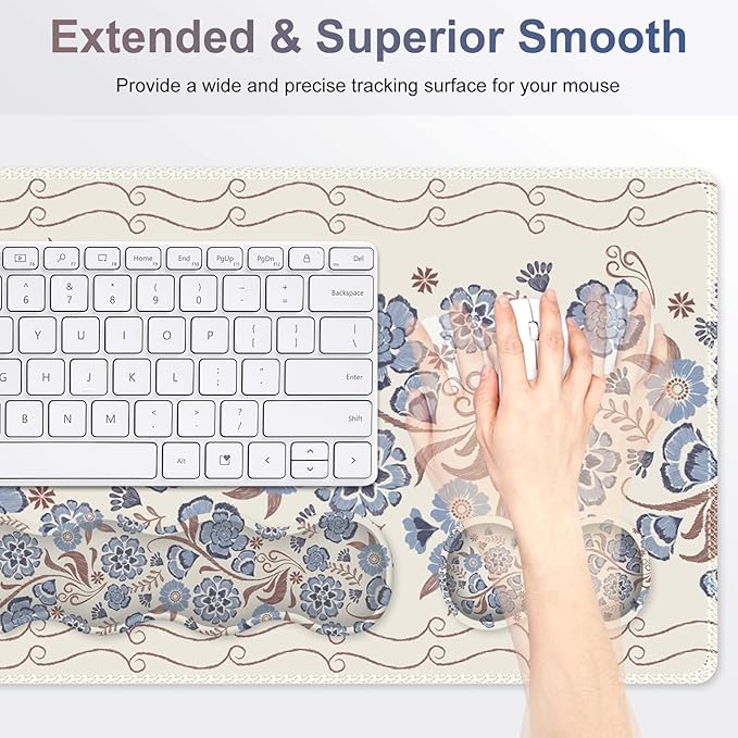Desk Mat Gaming Mouse Pad Cute Desk Matt Keyboard Wrist Rest for Desktop Anti-Slip Big Mousepad Stitched Edges XXL Large Mouse Pad with Wrist Support for Home Office I Vintage Blue Flower