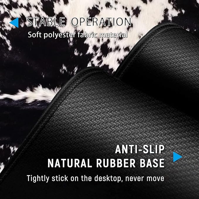 Desk Pad Keyboard Mouse Pad Set Extended Gaming Mouse Pad+ Ergonomics Memory Foam Wrist Rest Support 31.5x15.7in Large Mouse Pad with Stitched Edges Cute Black White Cowhide Fur XXL Mouse Mat