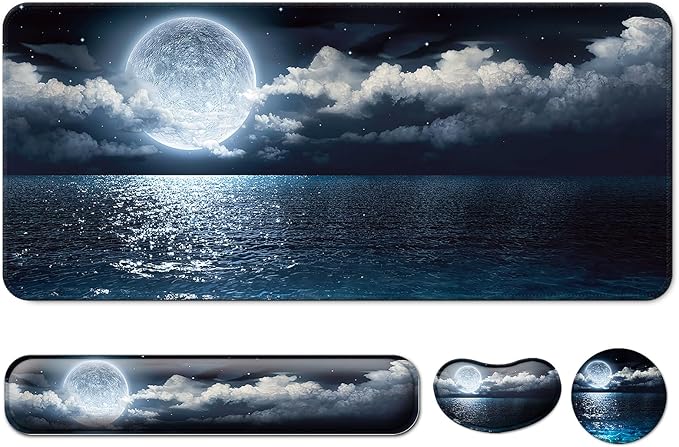 Keyboard Wrist Rest + Mouse Pad with Wrist Support + Desk Mat + Coaster 4 in 1 Set XXL Large Gaming Mousepad Cute Ergonomic Mouse Pads for Desk Computer Laptop Office Decor-Moon Ocean