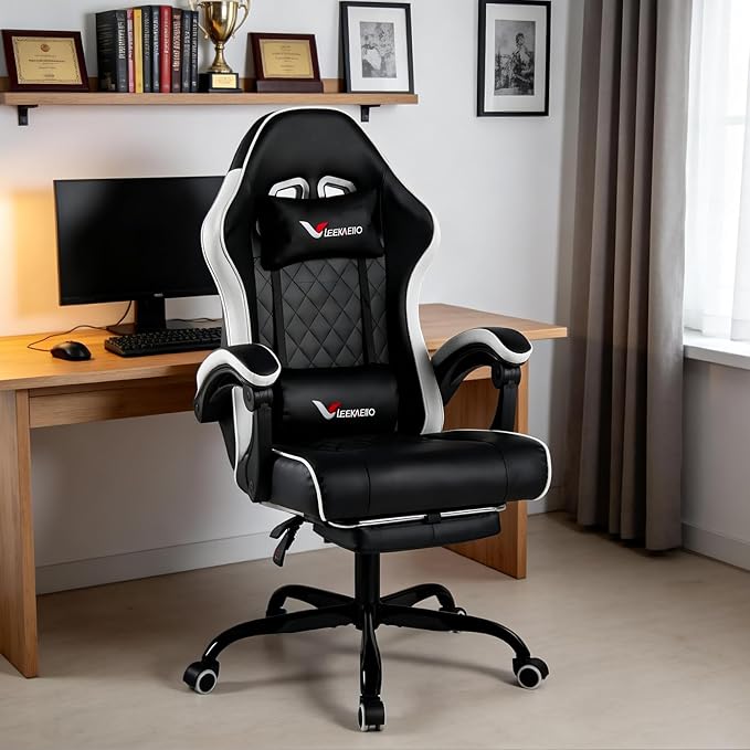 Gaming Chair for Adults with Footrest Lumbar &amp Headrest High Back Recliner Gamer Chair with Metal Legs 360° Swivel Height-Adjustable Leather Office Computer Chair (White)