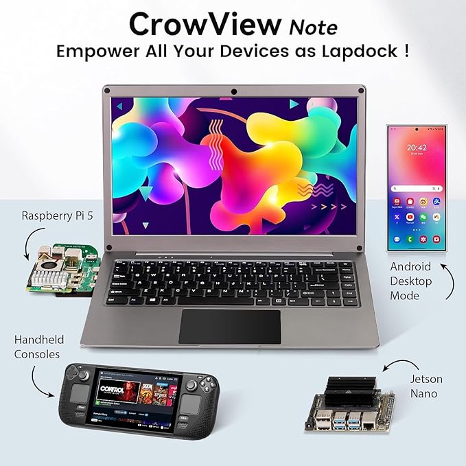 Portable Monitor with Keyboard 15.6 Inch Lapdock Display with 6000mah Built-in BatteryCrowView Note 1080P FHD USB C Monitors Compatible with RPi5 PC Phone Mac Game Console