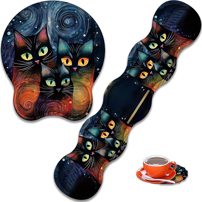 Mouse Wrist Rest and Keyboard Wrist Rest Pad+ Coaster Set Non-Slip Rubber Base Smooth Surface Ergonomic Gaming Mouse Pad for Easy Typing and Pain Relief Moon Cat