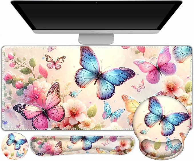 Gaming Mouse Pad Large Desk Mat Cute Desk Pad Protector 4in1 XXL Mousepad + Keyboard Wrist Rest+Mouse Wrist Rest+Coaster Set with Ergonomic Desk Pad for Home Office PC Computer Butterflies Flowers