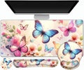 Gaming Mouse Pad Large Desk Mat Cute Desk Pad Protector 4in1 XXL Mousepad + Keyboard Wrist Rest+Mouse Wrist Rest+Coaster Set with Ergonomic Desk Pad for Home Office PC Computer Butterflies Flowers