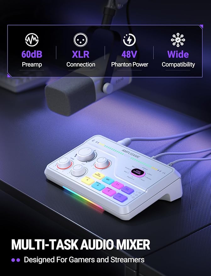 FIFINE Recording Microphone with Audio Mixer and Low Profile Arm Stand Bundle Podcast Mic with Metal Boom Arm Audio Mixer with 48V Phantom Power for Gaming Studio-K688W+BM88W+SC8W