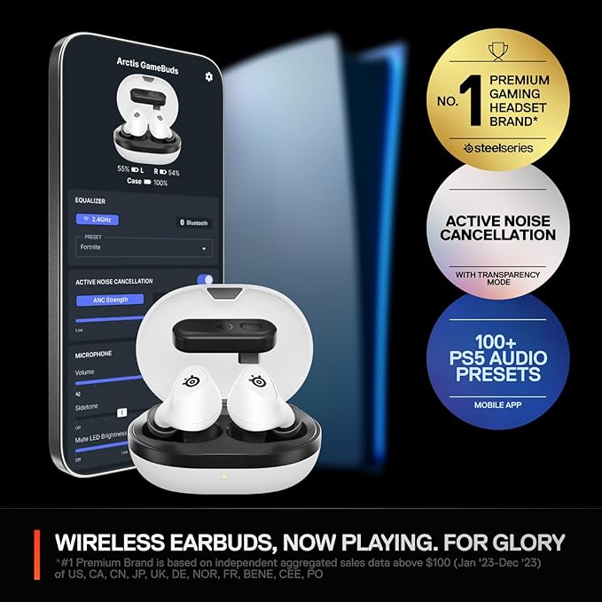 SteelSeries Arctis GameBuds for PlayStation/PC/Switch/Mobile — Quick-Switch 2.4GHz + Bluetooth 5.3 — Active Noise Cancelling — 100+ Game Audio Presets — 40H Battery with Qi Charging Case - White