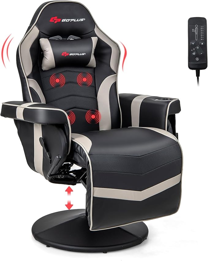 Goplus Gaming Chair Height Adjustable Massage Video Game Chair with Retractable Footrest Cup Holder Headrest Swivel Office Chair Racing Style Swivel Gamer Chair