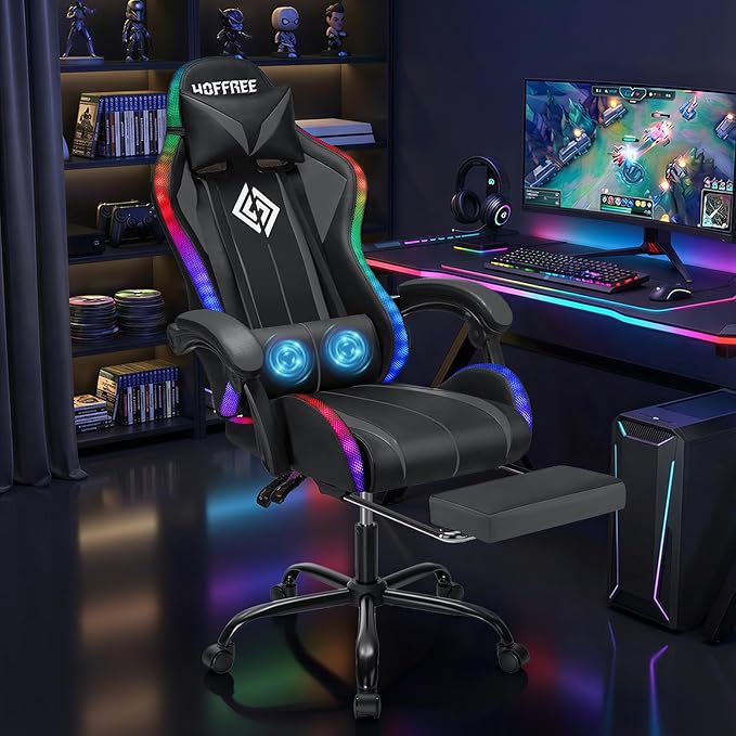 Gaming Chair Massage with LED RGB Lights and Footrest Ergonomic Computer Chair High Back Video Game Chair with Adjustable Lumbar Support Linkage Armrest Grey and Black