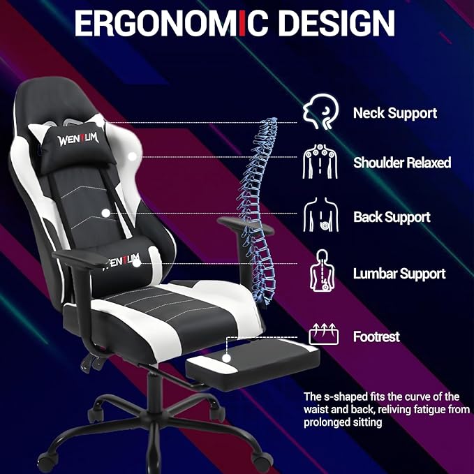 Gaming Chair with Footrest Ergonomic PC Desk Chair with Headrest and Massage Lumbar Support Video Game Chair w/Height Adjustable High Back for Home Office White